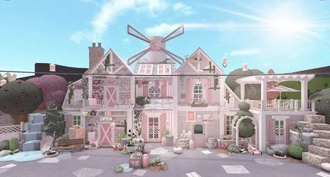 Bloxburg House Blush Exterior, Pixelly Bloxburg House, Bloxburg Preppy House Exterior, Bloxburg House Pastel, Blush Home Bloxburg, Blush Mansion Bloxburg, Bloxburg Pink House, Cottage Core Bloxburg House, Bloxburg Cottage