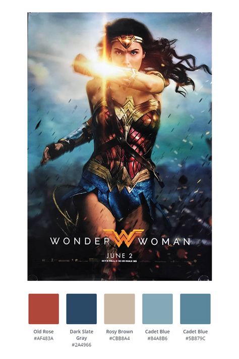 Wonder Woman Color Palette, Superhero Color Palette, Poster Color Palette, Wonder Woman Poster, Stitch Palettes, Disney Princess Colors, Woman Poster, Marvel Coloring, Cinema Colours