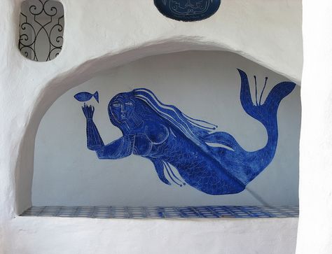 Lovely mermaid at Casapueblo, Punta del Este, Uruguay Mermaid Mural, Mermaid Illustration, Ideas Decoracion, Mermaids And Mermen, Blue Mermaid, Tropical Colors, Monday Blues, March 3, Saying Goodbye