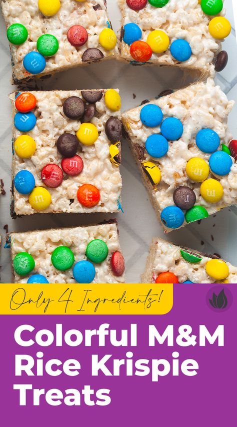 These M&M Rice Krispie Treats are the most colorful, fun, and sticky-sweet way to treat yourself, without ever turning on the oven! M M Rice Krispie Treats, Gluten Free Marshmallows, Types Of Snacks, Krispie Treats Recipe, Cookie Dough Ice Cream, Flaky Salt, Snack Treat, Fruity Pebbles, Ooey Gooey