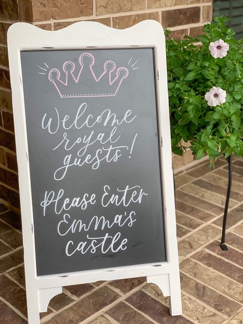 Princess Chalkboard Art, Princess Party Sign Ideas, Princess Milestone Board, Princess Party Signs, Princess Party Welcome Sign, Princess Birthday Welcome Sign, Princess Birthday Chalkboard Sign, 1st Birthday Board Diy Chalkboard Signs, Mermaid Birthday Chalkboard Sign