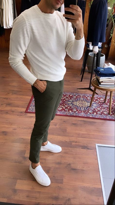 Men’s Green Chino Outfit, White Shirt And Olive Green Pants Men, Chinos And Sweatshirt Men Outfit, Dark Green Chinos Outfit Men, Army Green Pants Outfit Men, Mens Green Chinos Outfits, Green Pants Men Outfit, Casual Work Outfit Men, Olive Green Pants Outfit Men