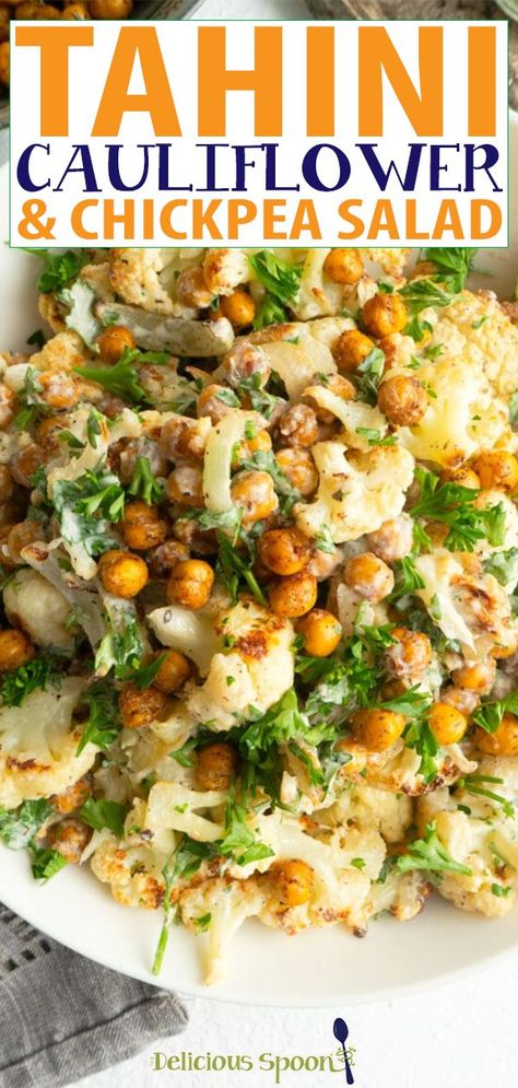 Healthy and easy to make, this Tahini Cauliflower and Chickpea Salad is made with roasted cauliflower, za’atar chickpeas and a creamy tahini dressing for a salad full of Mediterranean flavour. You can enjoy it hot or cold, so it’s perfect for lunch prep! This Tahini Cauliflower Chickpea Salad is one of my favorite ways to use the za’atar roasted chickpeas that I shared the other day. This salad is filling and full of protein but, most importantly, popping with flavour. | @thedeliciousspoon Cauliflower Chickpea Salad, Tahini Cauliflower, Make Tahini, Cauliflower Chickpea, Roasted Cauliflower Salad, Dinner Recipes Healthy Family, Crunchy Chickpeas, Tahini Recipe, Lunch Prep