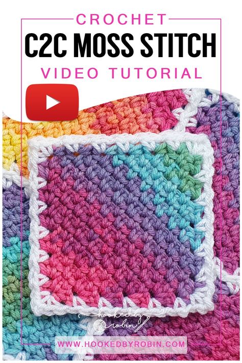 Crochet C2C Moss Stitch Square [Free Video Tutorial & Written Pattern!] — Hooked by Robin Moss Stitch C2c Blanket, Different C2c Crochet Stitches, C2c Squares Patterns, Moss Stitch Granny Square, Small Granny Square Pattern, Moss Stitch Square, C2c Moss Stitch, Hooked By Robin, Shawl Scarf Crochet