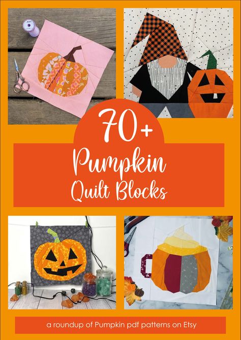 Look no further than this roundup of Pumpkin quilt blocks. There are over 70 to choose from! They have been categorised into Standard Piecing and Foundation Paper Pieceing so there should be something for everyone! Fall Leaf Quilt Block Pattern, Fall Quilt Patterns Free, Fall Quilt Blocks, Halloween Quilt Blocks, Pumpkin Quilt Block, Pumpkin Quilt Pattern, Pumpkin Quilt, Pumpkin Patterns Free, Autumn And Halloween