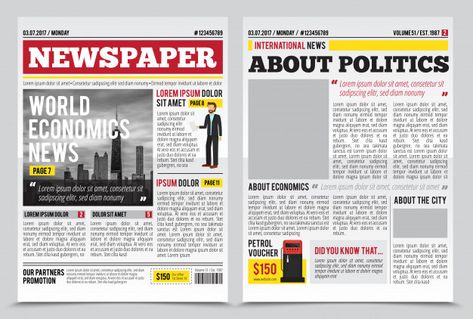 Daily newspaper journal design template with two-page opening editable headlines quotes text articles and images vector illustration Free Vector Headline Template, Travel Magazine Design, Newspaper Journal, Pinoy Movies, Typographic Poster Design, Newsletter Layout, Newspaper Layout, Infographic Inspiration, Graphic Design School