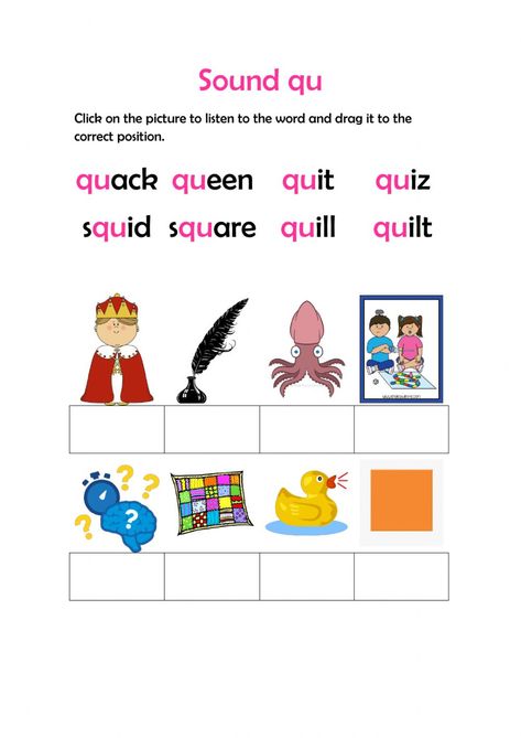 Sound qu activity Phonemic Awareness Kindergarten, English Conversation For Kids, Digraphs Activities, Cvc Worksheets, Beginning Sounds Worksheets, Blends Worksheets, Kindergarten Letters, First Grade Phonics, Phonics Books