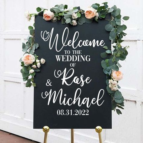 PRICES MAY VARY. Our high quality inspirational vinyl decal "Welcome To The Wedding Of" Names and Date adhesive design comes in 18 inches by 13.5 inches. The pictures are for display and inspiration only. All of our vinyl wall decals are manufactured with premium industrial grade Lutema self-adhesive vinyls. Remember your special day forever with our personalized vinyl decals. This is a removable "peel and stick" decal that is perfect way to make a statement without having to break the bank. Thi Sticker Layout, Marriage Reception, Stick Wall Art, Wedding Greetings, Wedding Ceremony Signs, Love Decor, Ceremony Signs, Vinyl Wall Art Decals, Theme Color