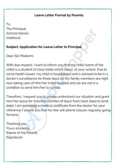 Leave Letter for School | How to Write a Leave Application for School? Format and Rules - A Plus Topper Excuse Letter For Being Sick In School, Leave Application For School By Student, Leave Letter Format For College, Leave Letter Format For School, Leave Letter For School, Sick Leave Application For School, Leave Application For School, Letters For Parents, School Leave Application