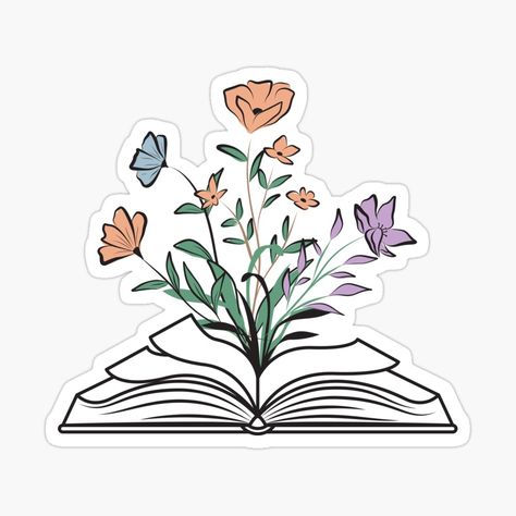 Get my art printed on awesome products. Support me at Redbubble #RBandME: https://www.redbubble.com/i/sticker/Book-Flowers-by-Rainces/66737785.JCQM3?asc=u Books Drawing Aesthetic, Book With Flowers Drawing, Reading Icon, Stickers Book Aesthetic, Sticker Books, Books And Flowers Drawing, Books Logo, Book Stickers Aesthetic, Books With Flowers Drawing