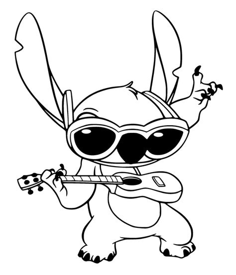 Stitch Playing Guitar with Sunglasses Coloring Page Lilo And Stitch Coloring Pages, Stitch Black And White, Stitch Printable, Stitch Coloring, Stitch Outline, Baby Stitch, Bratz Coloring, Angel Coloring Pages, Stitch Coloring Pages