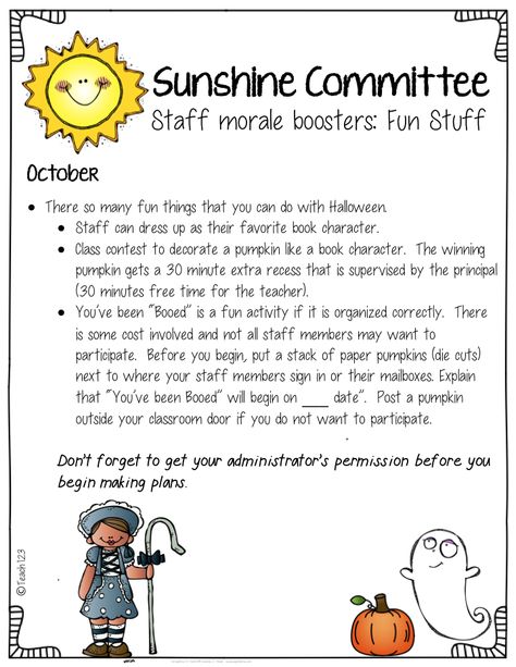 Teach123 - Tips for Teachers: Sunshine Committe - Social Committee - Ideas for Fall Building Staff Morale, October Staff Morale Boosters, Sunshine Committee Monthly Ideas, School Sunshine Committee, Social Committee Ideas, Sunshine Committee Ideas, Morale Ideas, Staff Ideas, Sunshine Committee