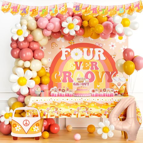 PRICES MAY VARY. 【GROOVY BRIGHT 4TH BIG DAY】🌼 Celebrate this wonderful day with a trendy and cute party! Orange and pink, with lovely daisy create a warm atmosphere. This boho decoration is perfect for your little sweetie’s 4th birthday party and a fun way to make a difference for everyone involved! 【FOUR EVER GROOVY PARTY DECORATIONS GIRl SET】🧡 80 x 12’’ latex balloons, 40 x 5’’ latex balloons, 6 x daisy foil balloons, 1 x number ‘4’ foil balloon, 1 x ‘FOUR EVER GROOVY’ backdrop, 1 x tableclo 4 Themed Birthday Party Girl, Four Themed Birthday Party Girl, Groovy 4th Birthday Party, Girl 4th Birthday Party Ideas, Four Ever Groovy Birthday, 4th Birthday Party For Girls Theme, Groovy Backdrop, Four Ever Groovy, Groovy Party Decorations