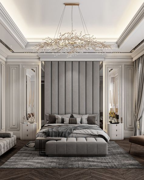 Neo Classical Interiors Bedroom, Neoclassic Bedroom Design, Neo Classical Interiors, 2023 Home Interior, Modern Luxury Bedroom Design, Wall Decorating Ideas, Modern Living Room Wall, New Bedroom Design, Bedroom Interior Design Luxury