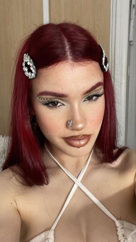 Burgundy Hair Makeup, Red Hair Makeup Looks, Red Eyebrow, Red Eyebrows, Hair Stages, Red Hair Makeup, Cherry Red Hair, Red Hair Inspo, Cherry Hair