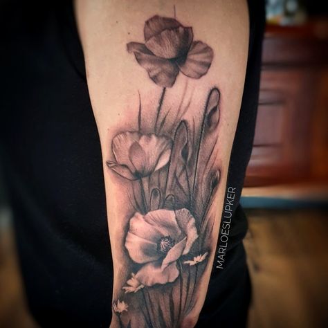 Poppy Tattoo Black, Poppy Tattoos, Tattoo Black And Grey, Poppy Tattoo, Poppies Tattoo, Beautiful Meaning, Tattoo Black, Poppy Flowers, Sleeve Tattoos For Women