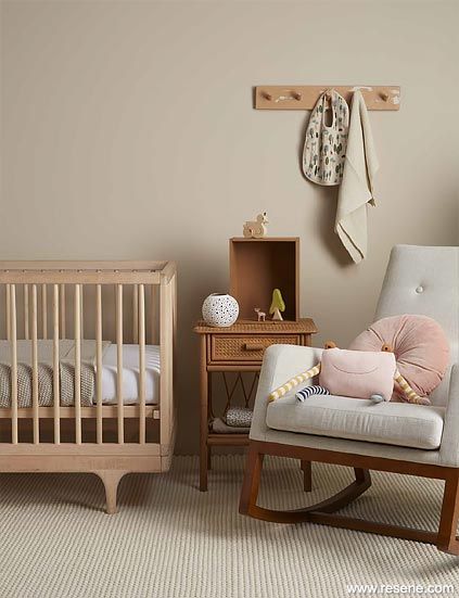 Nursery Colour Scheme Gender Neutral, Skimming Stone Nursery, Beige Nursery Paint Colors, Rust Colour Nursery, Dulux Nursery Colours, Oval Cot Nursery, Earth Tone Nursery, Organic Nursery, Beige Nursery