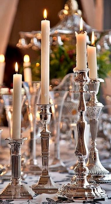 livia-bruch: “ grouping of silver candlesticks ” Candle Stick Centerpiece, French Country Living, French Country Bathroom, Elegant Entertaining, French Country Bedrooms, Silver Candle, Estilo Country, Silver Candlesticks, Vintage Weddings