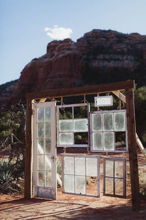 Diy Ceremony Backdrop, Wedding Ceremony Backdrop Diy, Sedona Elopement, Diy Wedding Backdrop, Wedding Ceremony Backdrop, Vintage Windows, Diy Backdrop, Old Windows, Ceremony Flowers