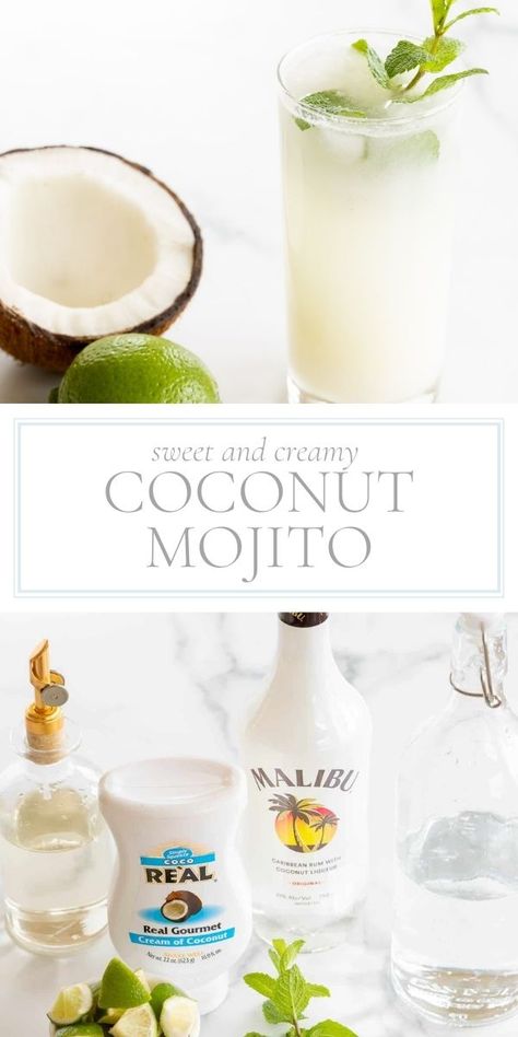 Just like a classic mojito, this version is filled with sweet and tart lime juice, simple syrup, mint and rum. However, it’s the addition of cream of coconut that takes it to a whole new level! A coconut mojito is a creamy, light and refreshing cocktail that is filled with the flavor of summer. Coconut Pineapple Mojito Recipe, Coconut Moscow Mule Recipe, Coconut Lime Mojito Recipe, Coconut Milk Mojito, Coconut Mint Mojito, Sweet Mojito Recipe, Cheesecake Factory Coconut Mojito, Coconut Cream Drink Recipes, Lime In The Coconut Cocktail