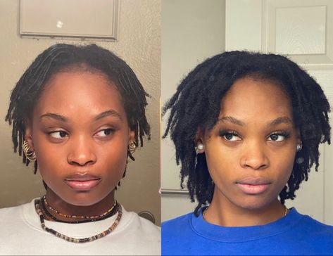 1 year locs. 1st pic is 1 month in , 2nd pic is 1 year in.. 2 Month Locs Journey, 3 Year Loc Journey, 2 Month Starter Locs, 3 Month Loc Journey, 1 Year Locs Journey, 1 Year Locs, Loc Aesthetic, Loc Ideas, Loc Hairstyles