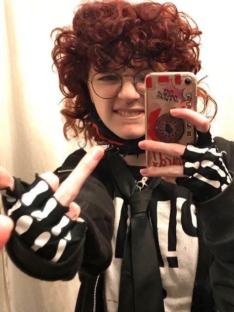 emo outfit fit 2000s y2k inspired skeleton gloves patd tshirt panic at the disco brendon urie tie safety pins mirror selfie red mullet camden london black widow Skeleton Gloves Outfit, Emo Tie Outfit, Skeleton Gloves, Red Mullet, Gloves Outfit, Emo Outfit, Tie Outfit, Camden London, Panic At The Disco