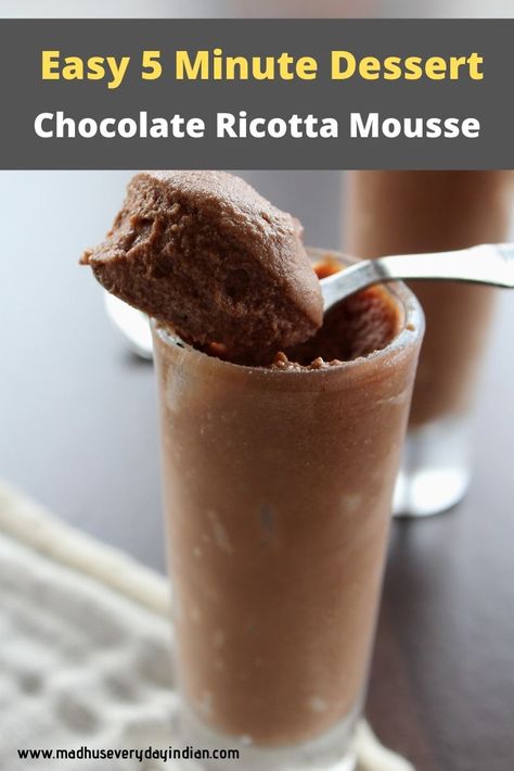 Heavenly Ricotta chocolate Mousse made with just 4 ingredients like coco powder, ricotta cheese, powdered sugar and vanilla extract. Easily done in 5 minutes.  Delicious, quick and tasty dessert made easily in few minutes.  #chocolatemousse #ricottamouse #easydessert #5minutedessert #cocopowder #heavenly # Ricotta Cheese Recipes Dessert, Easy Gluten Free Dessert, Ricotta Mousse, Ricotta Recipes Dessert, Ricotta Chocolate, Valentines Day Dessert, Chocolate Ricotta, Ricotta Cheese Recipes, Gluten Free Dessert