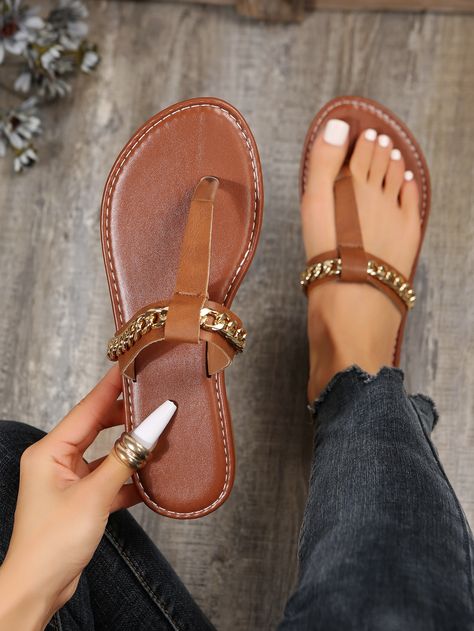 Simple Sandals Flat, Women Flat Sandals, Soft Sandals, Pretty Sandals, Nike Shoes Girls, T Strap Flats, Modern Sandals, Chain Decor, Girly Shoes