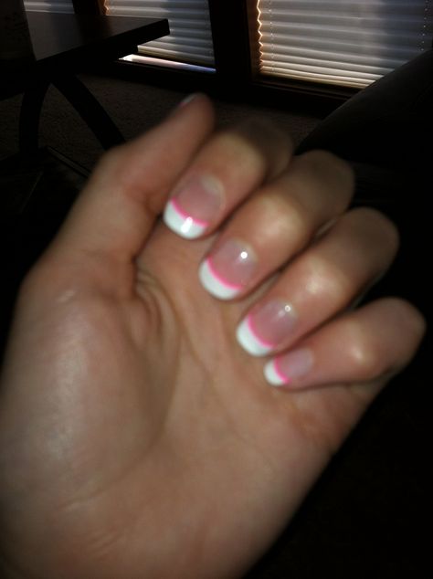 White French Tip with Pink Line. LOVE! White French Tip With Pink Line Under, White French Tip Nails With Pink Line, White French With Pink Line, French Tip With Pink Line, French Tip White Nails, French Tip White, French Tip Pink, Holiday Nails Easy, Matte Eye Makeup