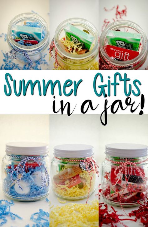 Have a lot of parties this summer? Use these Summer Gifts in a Jar to simplify your gift giving! Sweets In A Jar Gift Ideas, Start Of Summer Gifts For Kids, Gifts In Mini Jars, Summer Gift Ideas For Coworkers, Small Mason Jar Crafts, Summer Gifts For Coworkers, Summer Gift Ideas For Women, Summer Gift Basket Ideas, Summer Gifts For Women