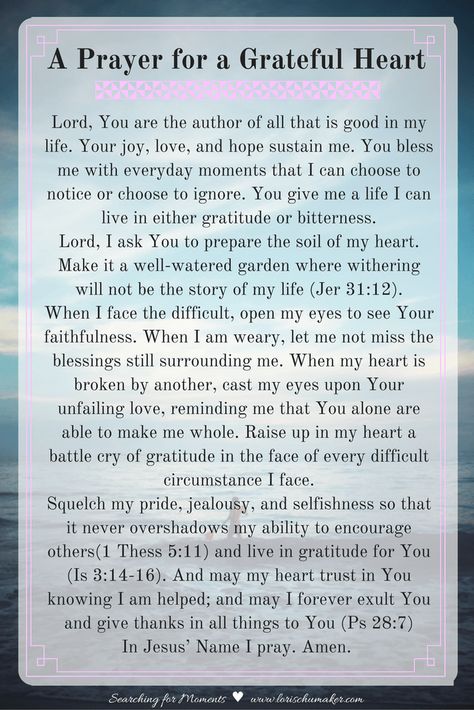 Is your heart in need of gratitude? Pray this prayer asking God to cultivate in you a grateful heart. Printable PDF available- #MomentsofHope #GratefulHeart Series - Lori Schumaker of Searching for Moments and Marva of SunSparkleShine Gratitude Prayer, Prayers Of Gratitude, Prayer Of Thanks, Everyday Prayers, Louise Hay, Good Prayers, Prayer Verses, Prayer Board, Prayers For Healing