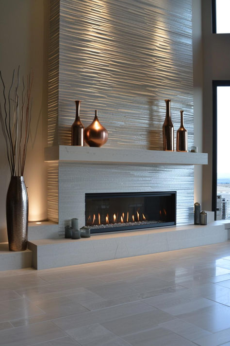 40 Elegant Modern Mantel Decor Ideas for a Stunning Living Space Modern Concrete Fireplace, Tiles On Fireplace, Modern Fireplace Mantle, Modern Fireplace Tiles, Fireplace Modern Design, Fireplace Accent Walls, Modern Mantel, Minimalist Fireplace, Fireplace Modern