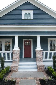 Heights Craftsman Project 2 - traditional - entry - houston - Brickmoon Design Navy Craftsman Exterior, Blue House Exterior Red Door, Blue Craftsman Exterior Color Schemes, Craftsman Blue Exterior, Dusty Blue House Exterior, Blue Exterior House Colors, Blue Craftsman, Cape Cod House Exterior, Traditional Entry