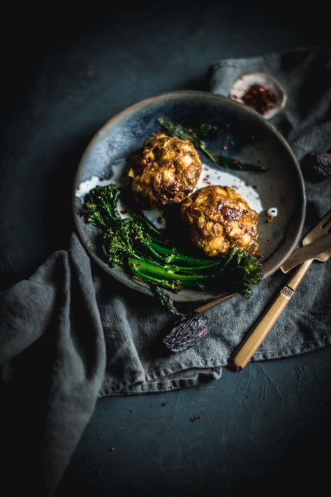 Moroccan Meatballs with Lemon Yogurt Dip and Roasted Broccolini | Adventures in Cooking Roast Dinner Photography, Dinner Food Photography, Meatballs Pork, Moroccan Meatballs, Resep Vegan, Chopped Dates, Healthy Food Photography, Rustic Food Photography, Roasted Broccolini