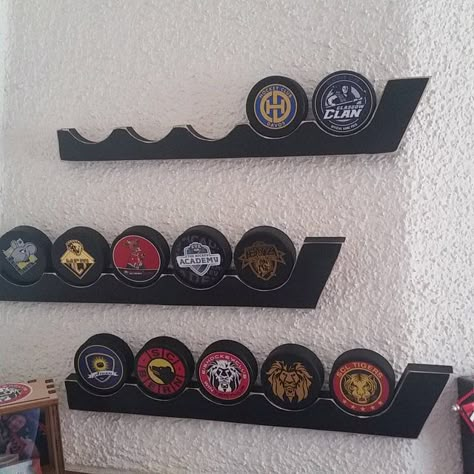 Hockey Man Cave, Hockey Nursery, Hockey Room Decor, Hockey Puck Display, Goalie Mom, Hockey Crafts, Garage Man Cave Ideas, Hockey Bedroom, Hockey Christmas