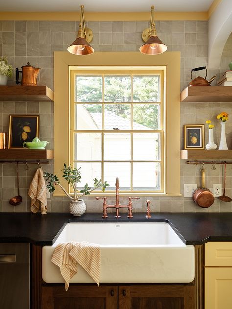 1920s Kitchen Remodel, Fryeburg Maine, Maine Kitchen, 1920s Kitchen, Shade Of Yellow, Black Granite Countertops, 1920s House, White Marble Tiles, Built In Bench