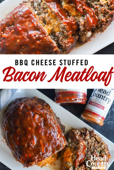 Unique Meatloaf, Unique Meatloaf Recipes, Bbq Bacon Meatloaf, Meatloaf Recipe With Cheese, Recipes For Bbq, Country Bbq, Baked Meatloaf, Bacon Meatloaf, Cheese Stuffed Meatloaf