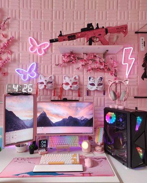 Girlie Gaming Setup, Bedroom Streaming Setup, Gaming Room Setup Cute, Gaming Bedroom Girl, Girly Gamer Room, Gamer Girl Room Ideas, Gamer Girl Bedroom Ideas, Cute Gaming Room, Small Gamer Room