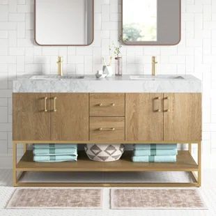 Wade Logan® Annice 48" Single Bathroom Vanity Set | Wayfair Mirror Backsplash, Double Bathroom, Acrylic Bathtub, Wayfair Furniture, Double Bathroom Vanity, Oak Cabinets, Bathroom Vanity Set, Stone Countertops, Bathroom Space