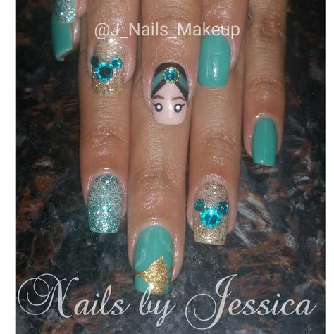 FullSet of acrylic with Disney princess jasmine nail art and Swarovski crystals. Mickey teal glitter genie lamp Disney Princess Nail Ideas, Disney Nail Designs Princesses, Flower Nails Acrylic, Jasmine Nails, Disney Nail Designs, J Nails, Disney Nail, Genie Lamp, Disney Princess Jasmine