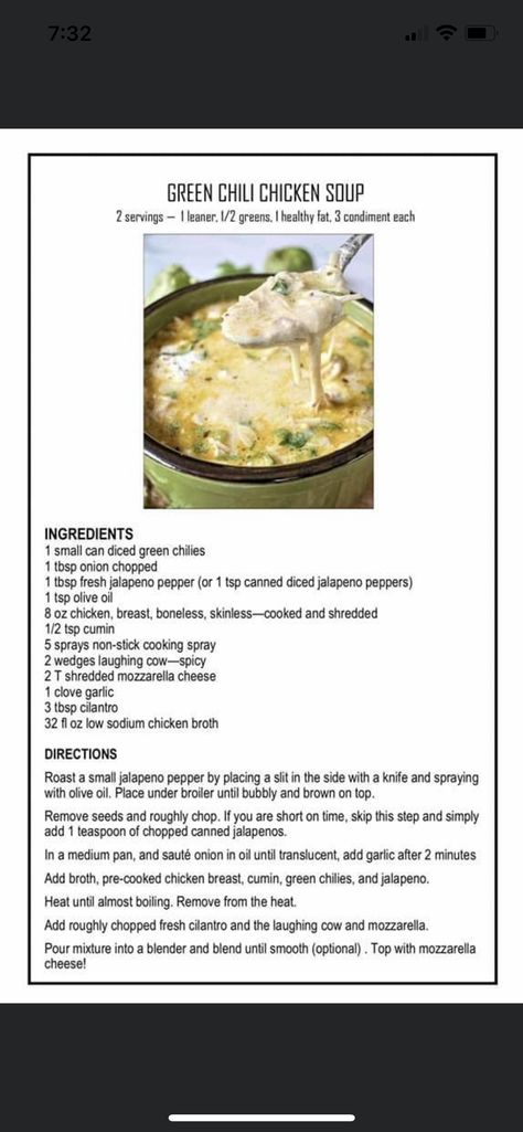 Optavia Soup Recipes, Optavia Soup, Cream Of Jalapeno Soup, Cream Of Crab Soup Recipe, Green Chili Chicken Soup, Crab Soup Recipes, Lean Protein Meals, Green Chili Chicken, Optavia Recipes