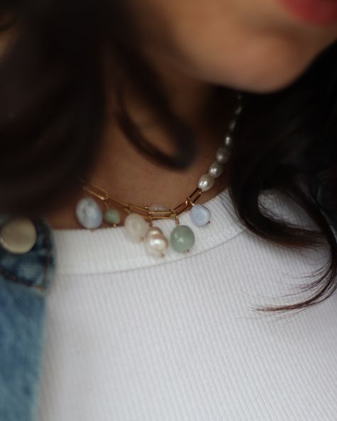 Caramel, bonbons et chocolats.. Like if you sang this line 🫶🏼 ‘Bonbon’ necklace with pastel natural stones and white freshwater pearls - one of this summer’s bestsellers ✨ Business Jewelry, July 16, White Freshwater Pearl, Jewelry Business, Hand Crochet, This Summer, Fresh Water, Best Sellers, Freshwater Pearls