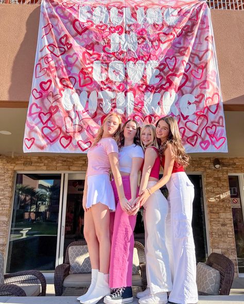 Love Sorority Bid Day Theme, Love Theme Sorority, Sorority Love Theme, Valentine’s Day Sorority Banner, Valentines Banner Sorority, Recruitment Themes Ideas, Bid Day Ideas Sorority, Sisterhood Round Recruitment Decor, Love Bid Day Theme