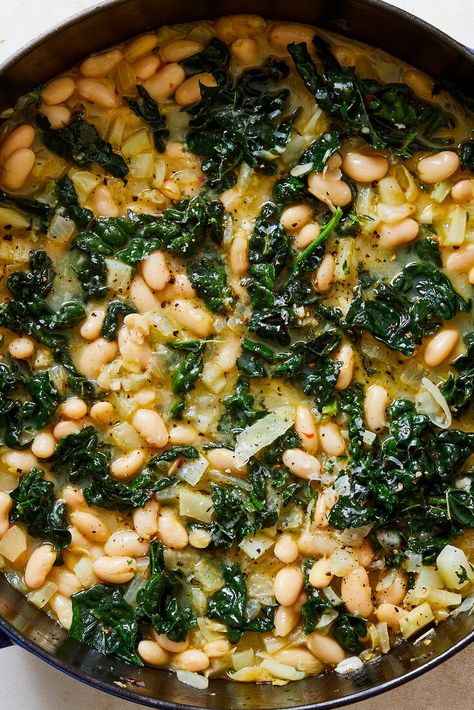 Saucy Beans, White Beans And Greens, Braised White Beans, Beans And Greens, White Bean Recipes, Vegetarian Main Course, Parmesan Recipes, Nyt Cooking, Clean Food