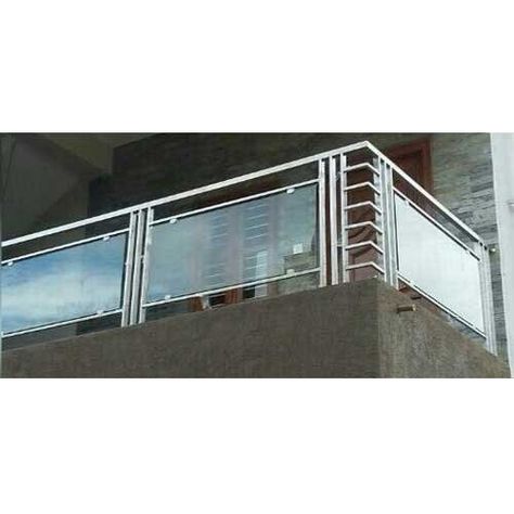 Plain & Printed Silver SS And Glass Balcony Railing, For Home Railing Design Balcony Steel, Glass And Steel Railing, Glass Design For Railing, Balcony Glass Grill Design, Reling Design Glass Balcony, Relling For Home, Tuffen Glass Railing Design, Steel And Glass Railing Design, Ss Railing Design Balcony