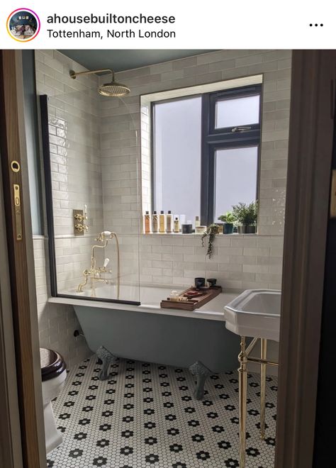 Clawfoot Tub Shower Combo, Clawfoot Tub Ideas, Ca Pietra, Bathroom Tile Design Ideas, 1930s Home, Modern Vintage Bathroom, Clawfoot Tubs, Tile Design Ideas, Bathtub Shower Combo