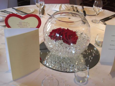 Fishbowl vase with lit gel beads and roses Fishbowl Centerpiece Wedding, Fish Bowl Vase Flowers, Fishbowl Centrepieces Wedding, Fish Bowl With Square Vase Centerpiece Wedding, Fish Bowl Rose Centerpiece, Flower Pedals, Gel Beads, Lighted Centerpieces, India Wedding