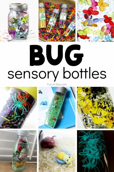 Bug sensory bottles that will delight your preschool kids! They're perfect for an insect theme, for spring, or anytime. Each is unique - some use wet ingredients, some are dry, but each are full of fun and learning. Recycle Activities, Calm Sensory Bottles, Proprioceptive Activities, Boy Activities, Calming Bottle, Calm Down Bottle, Discovery Bottles, Diy Sensory, Bottles Diy