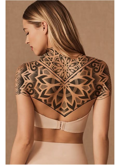 Geomatic Tattoo Design, Geometric Back Tattoo, Tattoo Poses, Dotwork Mandala Tattoo, Mandala Back Tattoo, Dotwork Tattoo Mandala, Geometric Flower Tattoo, Dotwork Mandala, Backpiece Tattoo