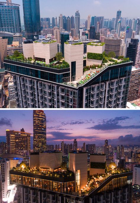 Hidden high above the busy streets of Mongkok, Hong Kong, is the recently completed Skypark, a rooftop residential clubhouse designed by architectural firm concrete. Rooftop Park Design, Rooftop Architecture Design, High Rise Patio Ideas, Roof Top Architecture, Rooftop Design Architecture, Rooftop Building, Rooftop Architecture, Ramps Architecture, Clubhouse Design